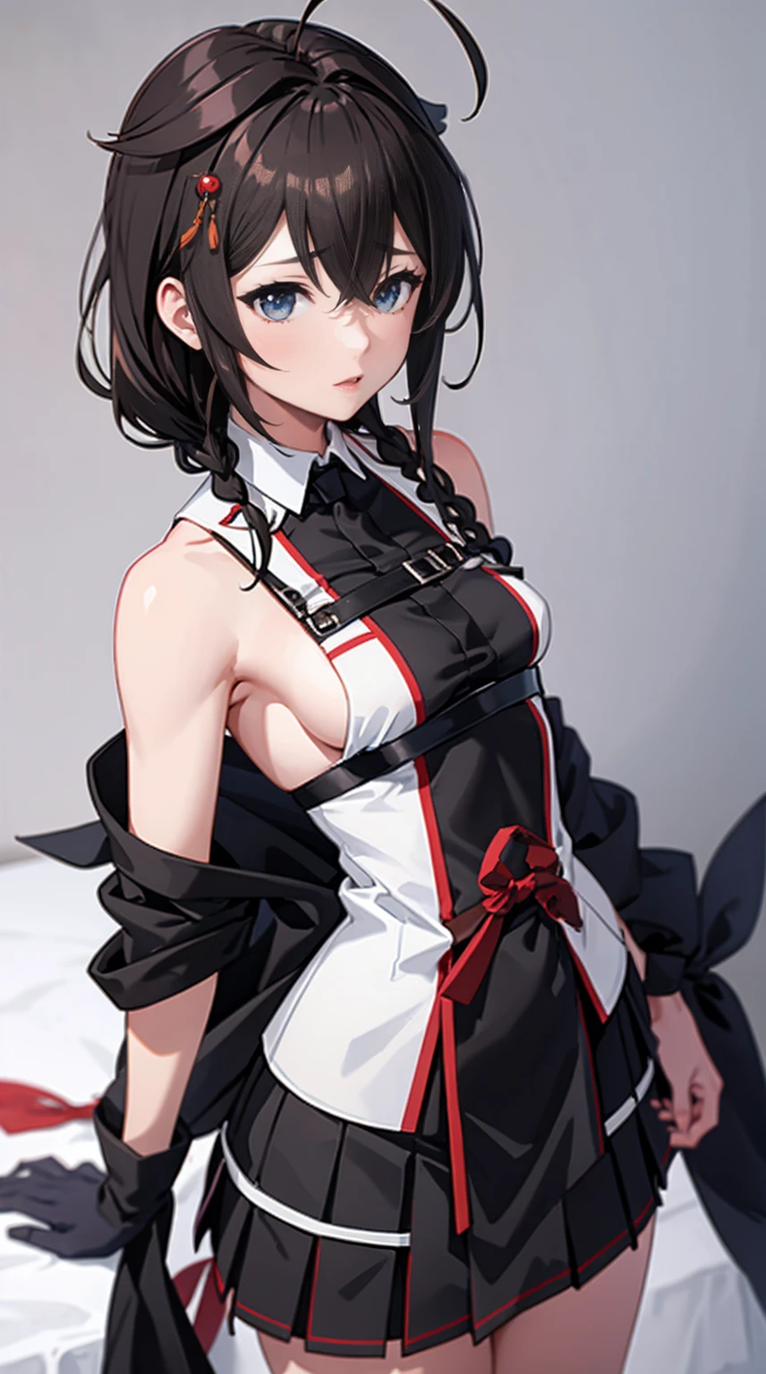 Shigure Kai 3 KanColle Sleeveless Black Thimble Gloves Blackslit Skirt Braid 8K High Resolution Very Fine Eyes Very Fine Face、Insanely detailed body、Extremely fine skin, very elaborate hair ornament, Precisely sculpted body and hand 1 person hotel room