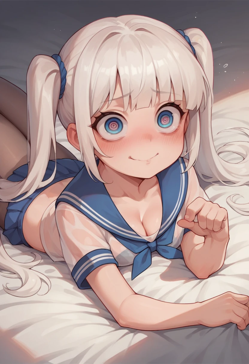 pantyhose,****,sailor,microskirt,cute,lying,lying,white hair,blush,crop top,see through,twintails,cleavage,crazy eyes,on stomach