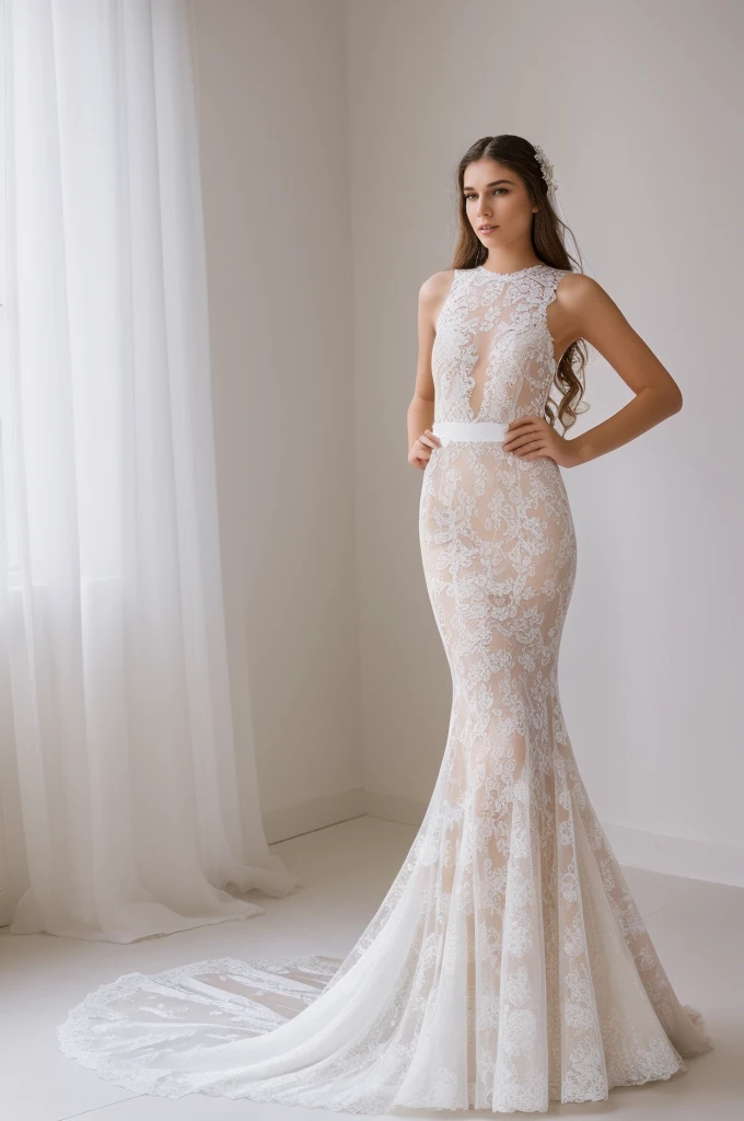 Best quality, 8k, 32k, Masterpiece, Masterpiece, (Photorealistic: 1.4), RAW photo, ultra realistic, 1girl,Fashion model, Wearing a white mermaid wedding dress, lace fabric, full length view, pose Stand upright in white room
