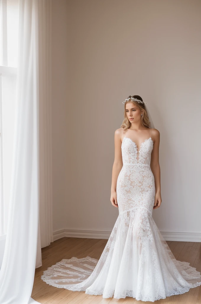 Best quality, 8k, 32k, Masterpiece, Masterpiece, (Photorealistic: 1.4), RAW photo, ultra realistic, 1girl,Fashion model, Wearing a white mermaid wedding dress, lace fabric, full length view, pose Stand upright in white room