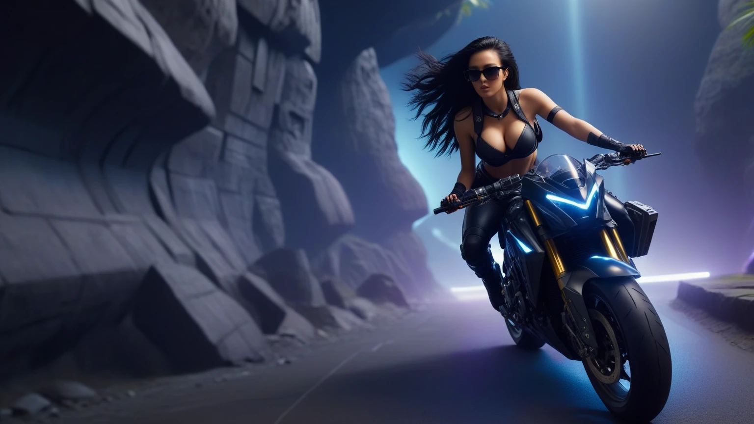 C7b3rp0nkStyle, dark night, prehistoric maze mysterial park, moai statue, waterfall, eagle, cyberpunk, sci-fi, futuristic, tech. (((((1girl, solo, alone, superbiker, close-up superbike shot))))), medium-breast:1.1 slim body, cleavage, sexy clothes, (headphone, black sunglasses, long black realistic hair), (((superbike riding and holding pistol poses))), half-body thigh level medium shot, cinematic lighting, lens flare, ray tracing.