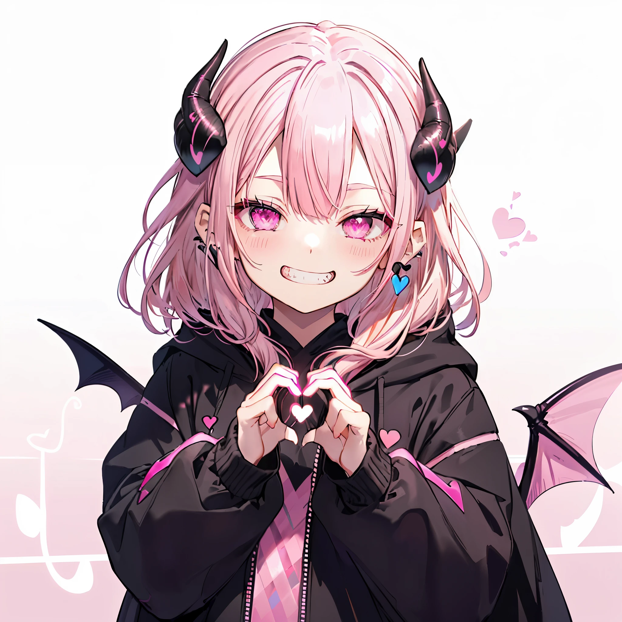 ((((Jagged　Open your mouth　Grin　Pink Background　shining heart))))　(((Black hoodie　Wearing a hood　Demon Horns　Heart Iris　Close-up　Pink Hair　Long Hair　Making a heart with both hands)))　((Shiny earrings　Small black ribbon))　Shining Edge　Shining Background