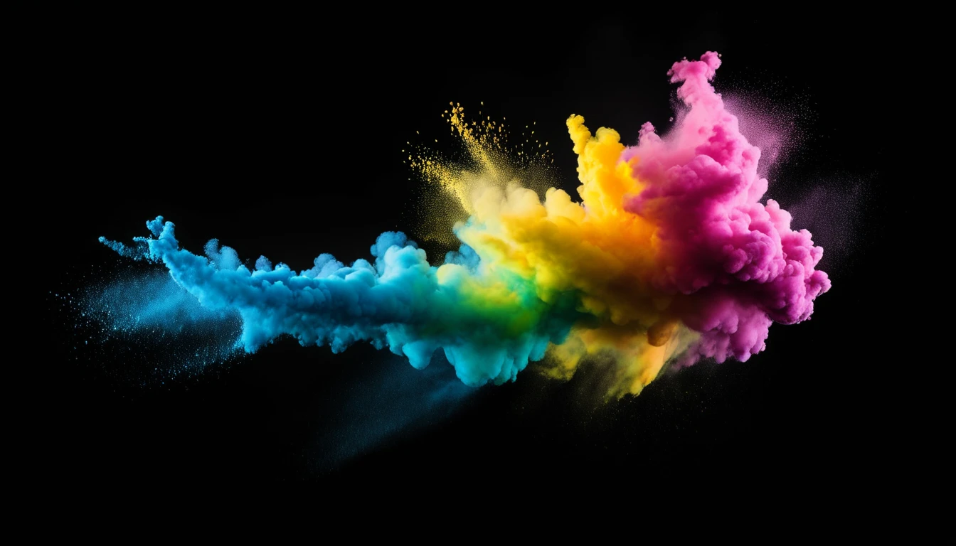colorful powder dye flying, with a black background, image in the middle area