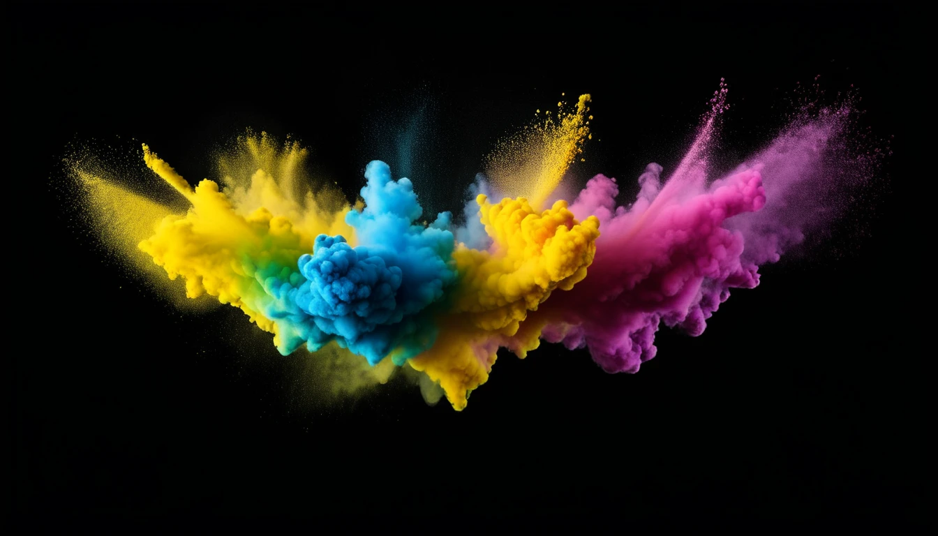 colorful powder dye flying, with a black background, image in the middle area
