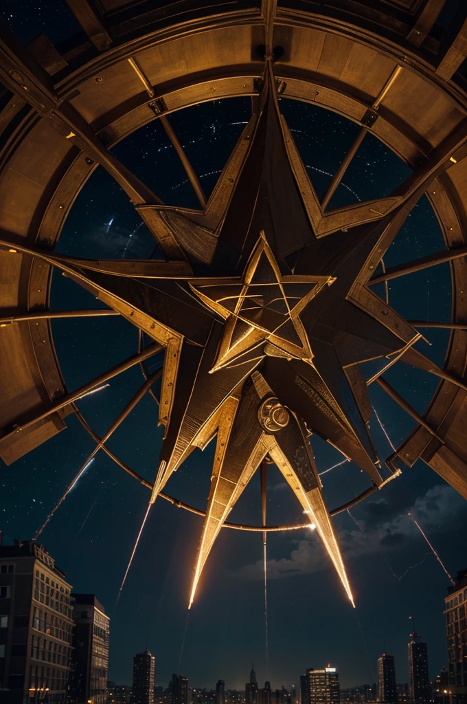 masterpiece, best quality, extremely detailed, cinematic lightning, intricate detail, highres, enormous colourful star, pentagram, floating over a city, night