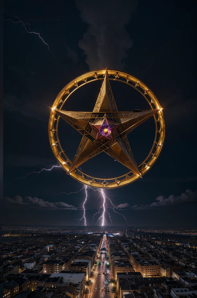 masterpiece, best quality, extremely detailed, cinematic lightning, intricate detail, highres, enormous colourful star, pentagram, floating over a city, night