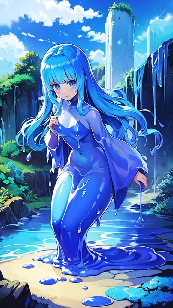 blue Slime girl, very long blue hair, character is covered in liquid, full of bluish liquid, blue slimegirl dripping, Anime Art Wallpaper 8K, Anime style 4K, large chest, ((chubby)), curvy hips, long legs, detailed eyes, very long hair, (lying on side under stone bridge), naked, (elf ears: 1.5),