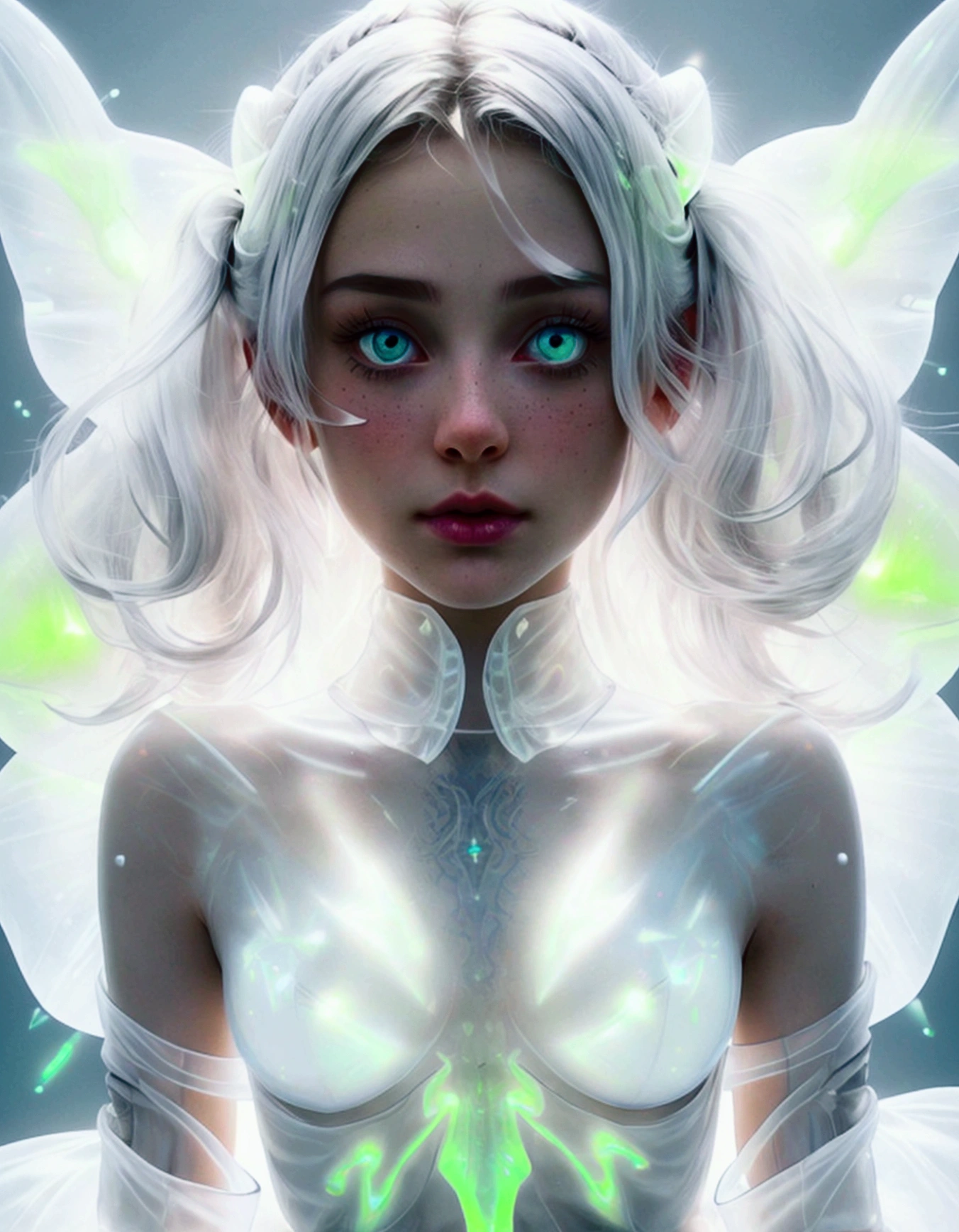 ((jewel_light element)), (translucent luminous body_wearing a white frilled blouse), (girl made of light:1.2), (minimalism:0.5), (close-up angle above the waist:1.3), low angle shot, (Tattoo: 0.7), 4K, HDR, acid graphics, plant 1 girl, fantasy work, [detail vivid face: 0.33], (white translucent luminous body and hair: 1.3), silhouette outline and luminous beautiful woman, understated elegance reveals. A calm and profound atmosphere offering subtle luxury. Gray smooth texture, stylish pose, fluorescence, luminous tattoo, bioluminescent tattoo, glowing pattern.