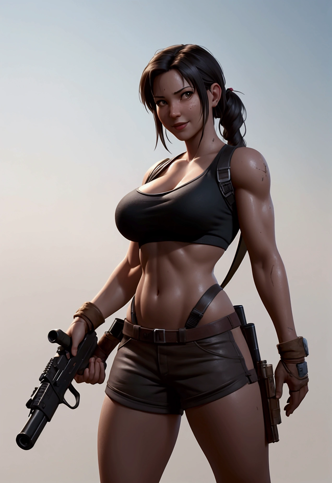 a smile woman in a topless nude a big-boobs  and shorts posing for a picture, a photorealistic painting by Ren Xiong, Artstation contest winner, digital art, muscular sweat lara croft, ultra realistic concept art, tifa lockhart, perfectly shaded body, tifa, lara croft, photorealistic concept art, ultrarealistic concept art, photorrealistic concept art, hyperrealistic concept art with carry big guns as soldiers