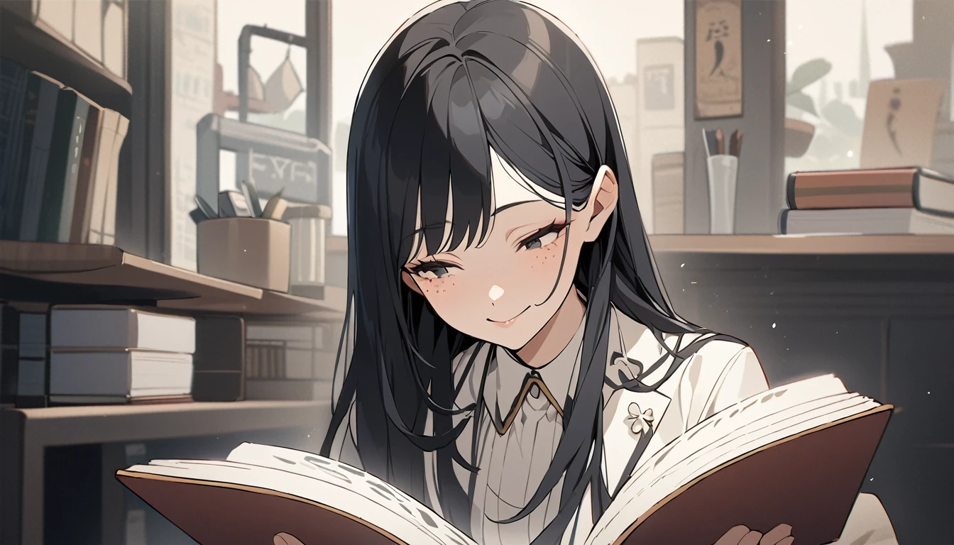 masterpiece, best quality, {best quality}, {{masterpiece}}, {mackerel}, Concentrate upon, ghibli style, girl design, portrait, Gisha, animated images, long hair, black hair, Straight eyes, hair covering the ears, happy, Stylish and powerful look, exotic, tall, freckles, smiling, elegant, fancy, Sitting at a paint cafe with an open book and looking at it while studying