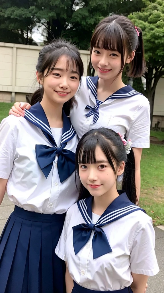 2 girls standing in old-Japan school yard,white sailor shirt with bow tie,indigo hakama bottom,dark red small bow on hair,18-year-old,bangs,a little smiles,low poneytail,from below