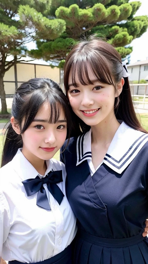 2 girls standing in old-Japan school yard,white sailor shirt with bow tie,indigo hakama bottom,dark red small bow on hair,18-year-old,bangs,a little smiles,low poneytail,from below
