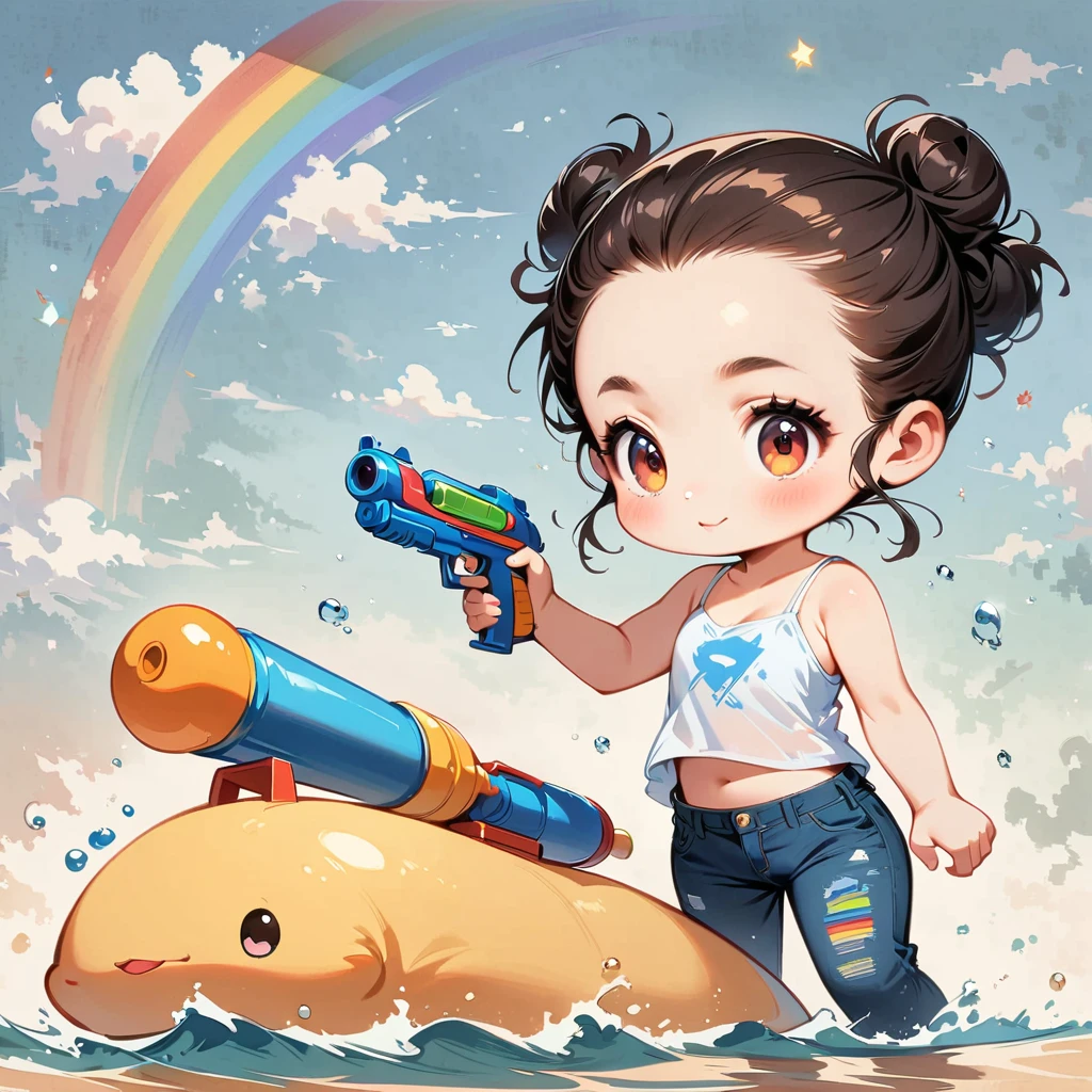 ピンクの鯨、Light blue short hair、Camisole、Wearing short jeans pants、Forehead exposed and bun hairstyle、Paint a rainbow on a blue sky background、Play with a water gun、Cartoon style character design，interesting，interesting，Clean Lines