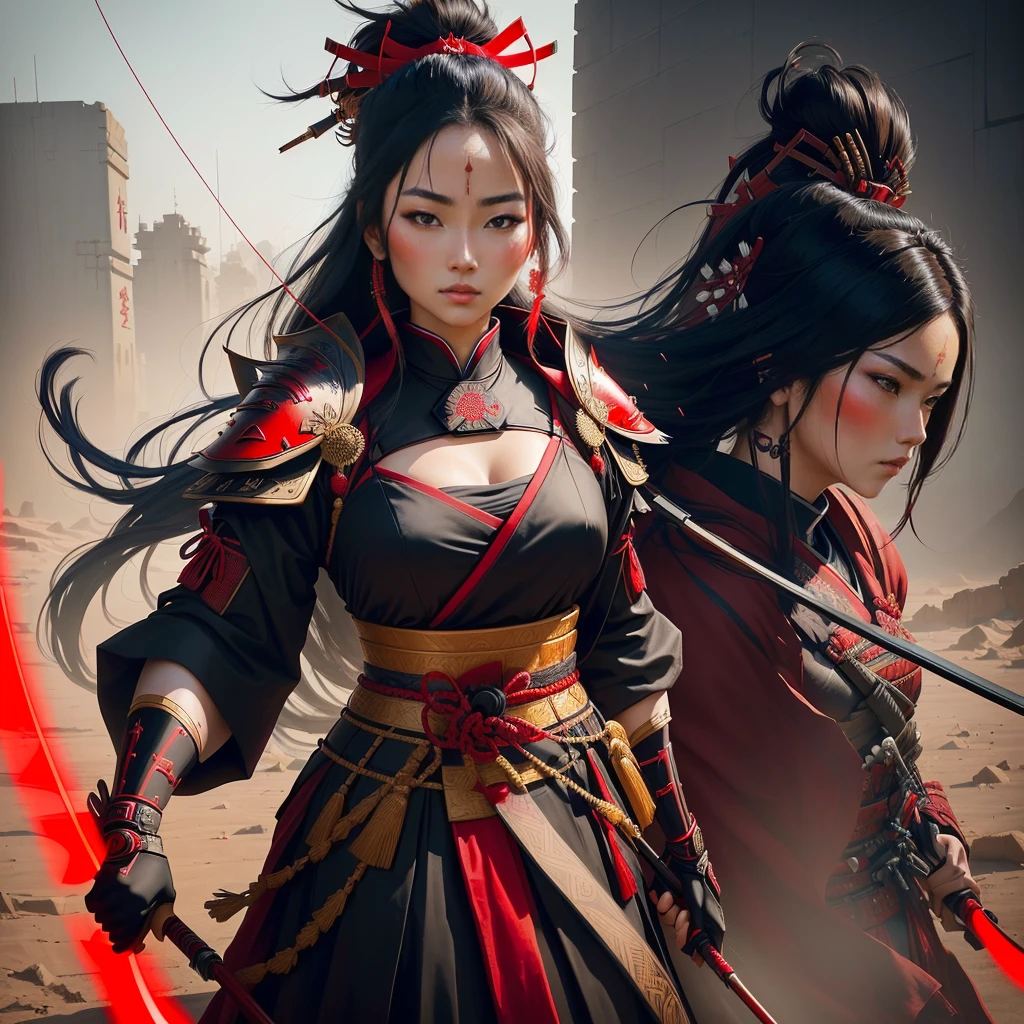 Arafa woman in red and black clothing holding a bow and arrows, female samurai, dressed in samurai armor, japanese warrior, very beautiful cyberpunk samurai, Masayoshi Suto and Art Germ, dressed in an ancient samurai uniform, samurai portrait photo, By Kan'o Tan'yū, samurai warriors, epic Samurai warrior, wearing samurai armor