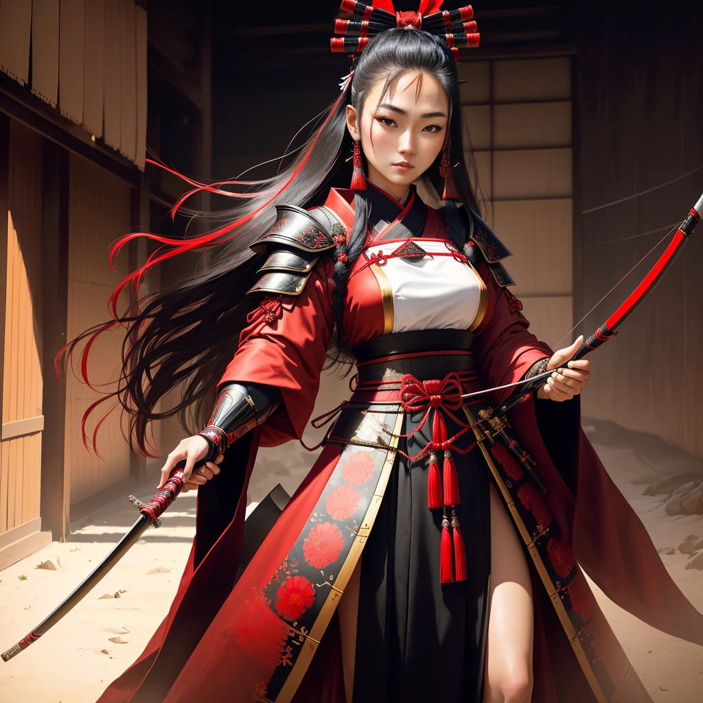 Arafa woman in red and black clothing holding a bow and arrows, female samurai, dressed in samurai armor, japanese warrior, very beautiful cyberpunk samurai, Masayoshi Suto and Art Germ, dressed in an ancient samurai uniform, samurai portrait photo, By Kan'o Tan'yū, samurai warriors, epic Samurai warrior, wearing samurai armor