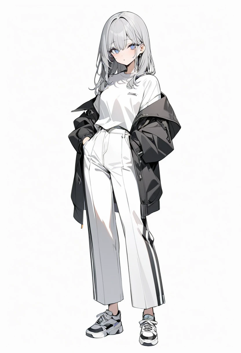 (masterpiece、Highest quality:1.2、8K)、Only one girl in the center、shirt、Wide-leg trousers、Simple single-color sneakers、whole body、Simple Background、White background、Delicate eyes