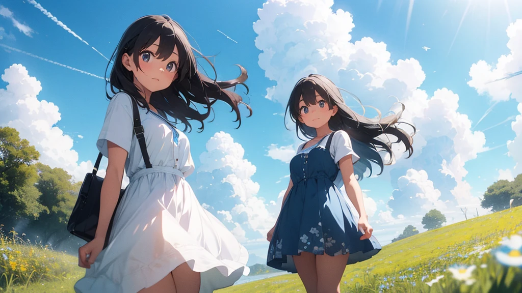 grassland、blue sky、White cumulonimbus cloud、Contrail、Shining Sun、Meadow grass swaying in the wind、Photo quality、Live Action、reality、Transparency、Realistic depiction、8K quality、Hmph、Digital single-lens reflex camera、high quality、Film Grain、Fujifilm XT3、Girl in a white dress、Standing posture、barefoot、Hair swaying in the wind、Shoulder-length hair、Big Breasts、Big Idiom Bob Masterpiece, 最high quality, Movie stills, 1 Girl, Cloud Girl,Two Girls, Two good friends , Floating in the sky, close, bright, Happy, Warm and soft lighting, blue sky, (spark:0.7), 広大なgrassland