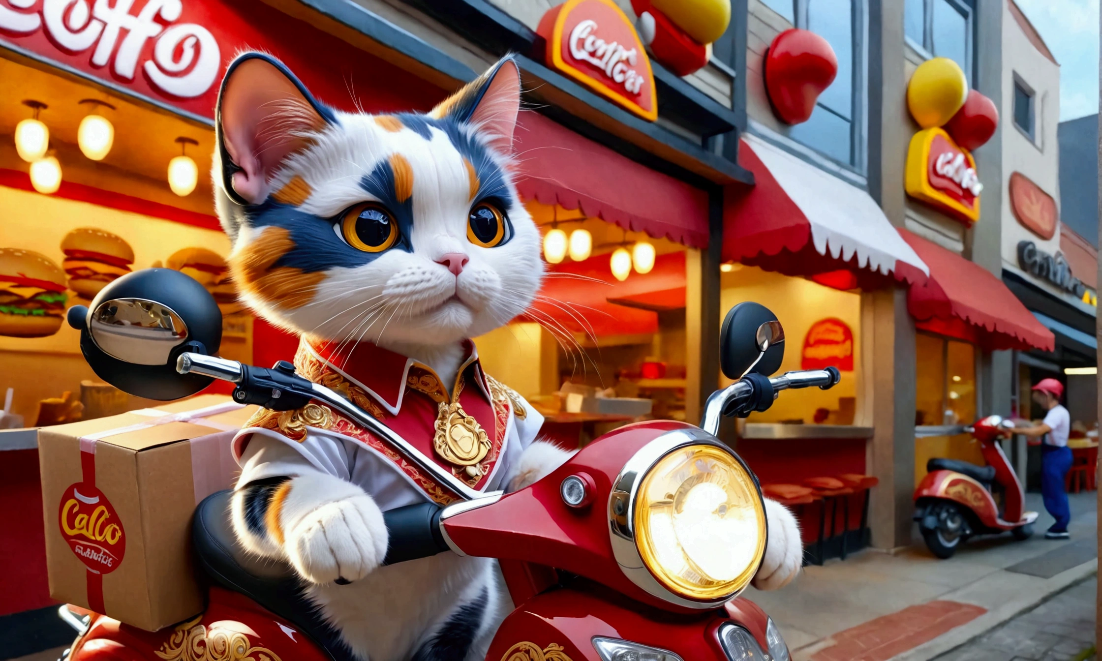 (Close-up of anthropomorphic calico cat riding scooter with:1.3) with cardboard boxes on its back, (stylish ornate branded shirt:1.2), (worker cap:1.2), (colorful apron:1.1), (background is fast food restaurant:1.1), intricate design, bright colors, masterpiece in maximum 16K resolution, best quality, ultra detailed, aesthetics, absurdes.