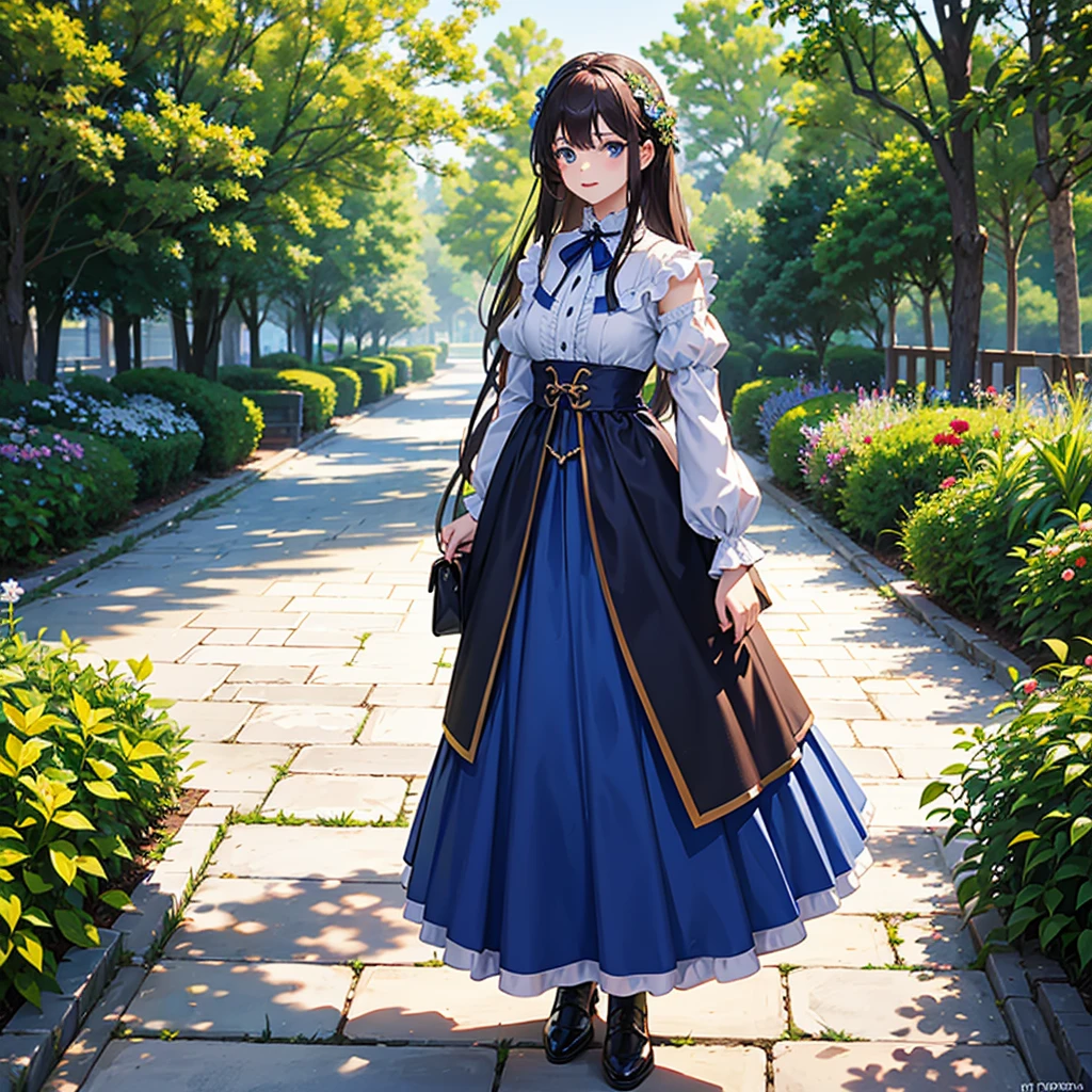 In the garden、Wearing a 17th century blue dress、There is a tall girl with long brown hair and blue eyes.。, A four-year-old boy with dark hair and expensive clothes is running ahead..
