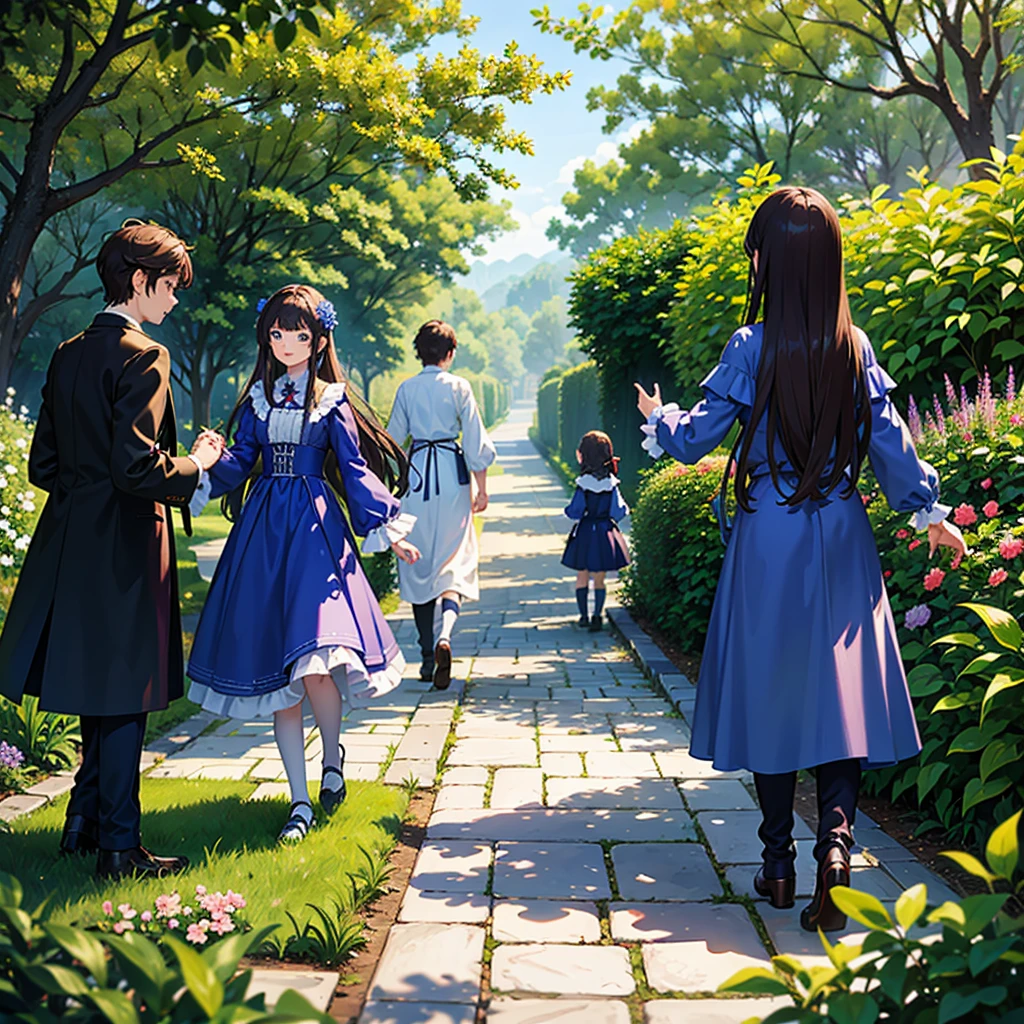 In the garden、Wearing a 17th century blue dress、There is a tall girl with long brown hair and blue eyes.。, A -year boy h dark hair and expensive clothes is running ahead.. 