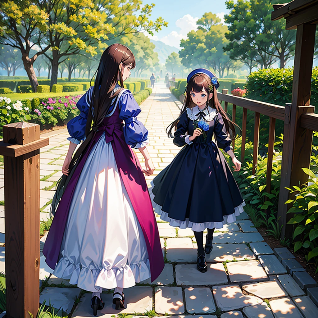 In the garden、Wearing a 17th century blue dress、There is a tall girl with long brown hair and blue eyes.。, A four-year-old boy with dark hair and expensive clothes is running ahead..