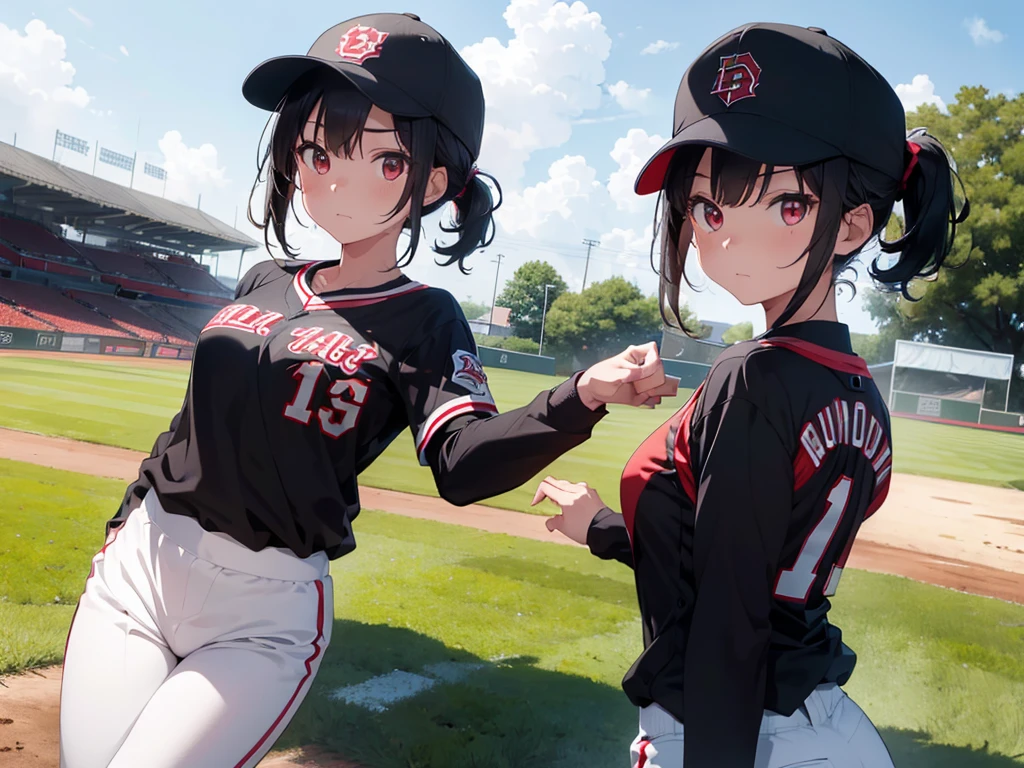 ( Absurd , high quality , Super detailed, Watch your hands )Black short hair,Red eyes,Small breasts,Small breasts,Baseball uniform,Black baseball cap,Long sleeve,White trousers,One ,Primary school students,Baseball Ground,Serious face,Run at full speed