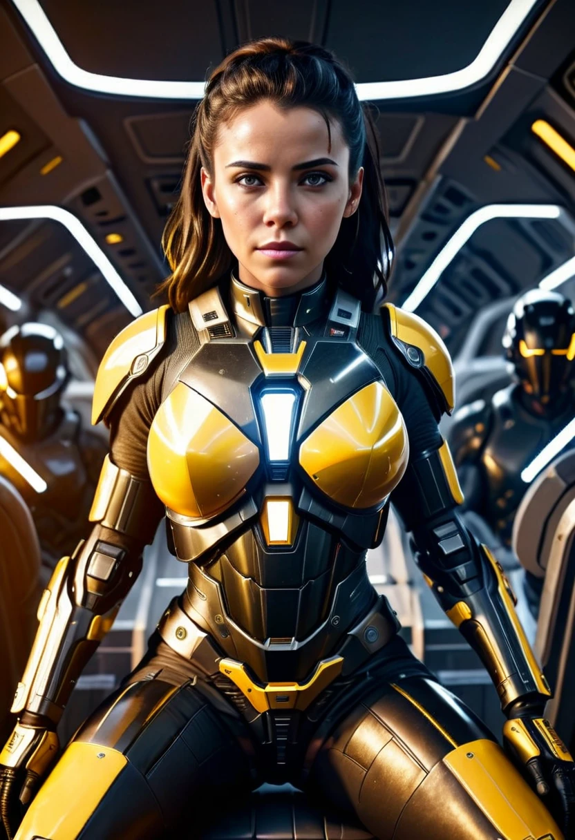 Interior shot of a crew of black mercenaries wearing futuristic armour holding futuristic guns, sitting in a futuristic spaceship, futuristic spaceship flying in space, yellow sunlight shining into the spaceship providing a dark yellow cinematic colour grading, sci-fi movie scene, ridley scott sci-fi movie, Denise villeneuve scifi movie, 32k, ultra HD, unreal engine rendered 