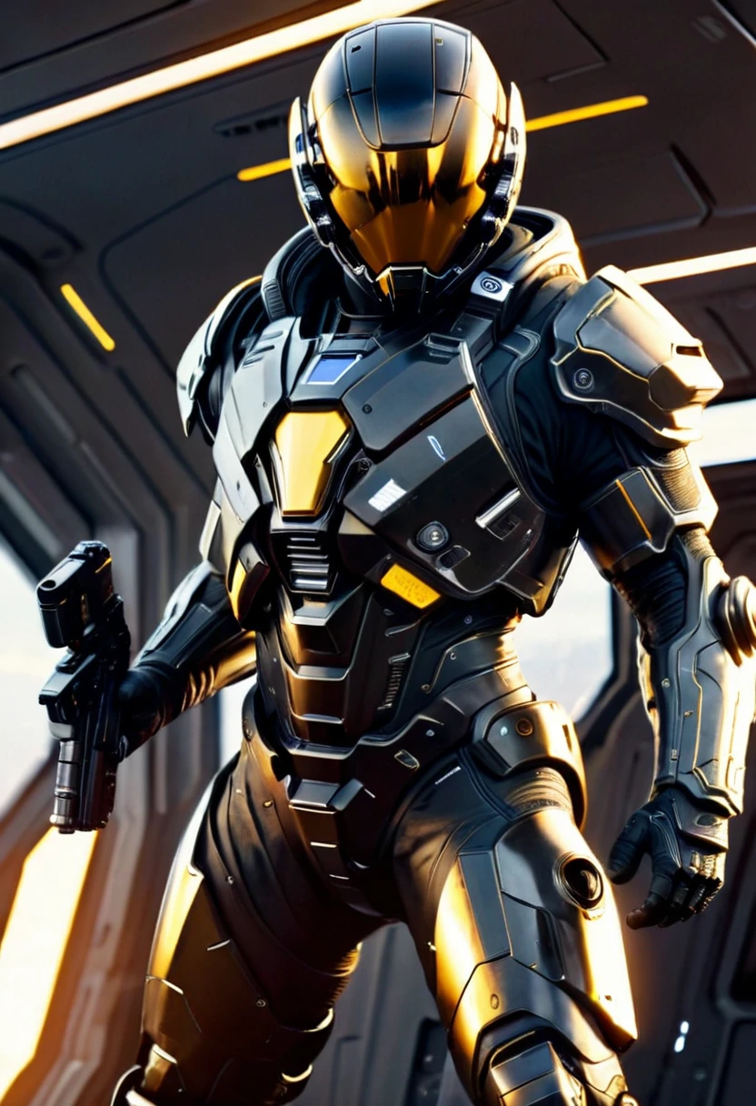 Interior shot of a crew of black mercenaries wearing futuristic armour holding futuristic guns, sitting in a futuristic spaceship, futuristic spaceship flying in space, yellow sunlight shining into the spaceship providing a dark yellow cinematic colour grading, sci-fi movie scene, ridley scott sci-fi movie, Denise villeneuve scifi movie, 32k, ultra HD, unreal engine rendered 