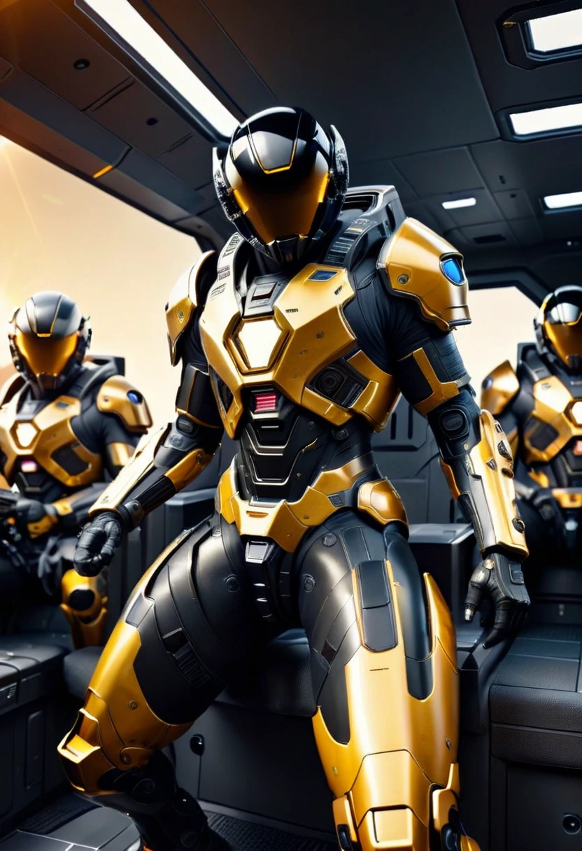 Interior shot of a crew of black mercenaries wearing futuristic armour holding futuristic guns, sitting in a futuristic spaceship, futuristic spaceship flying in space, yellow sunlight shining into the spaceship providing a dark yellow cinematic colour grading, sci-fi movie scene, ridley scott sci-fi movie, Denise villeneuve scifi movie, 32k, ultra HD, unreal engine rendered 