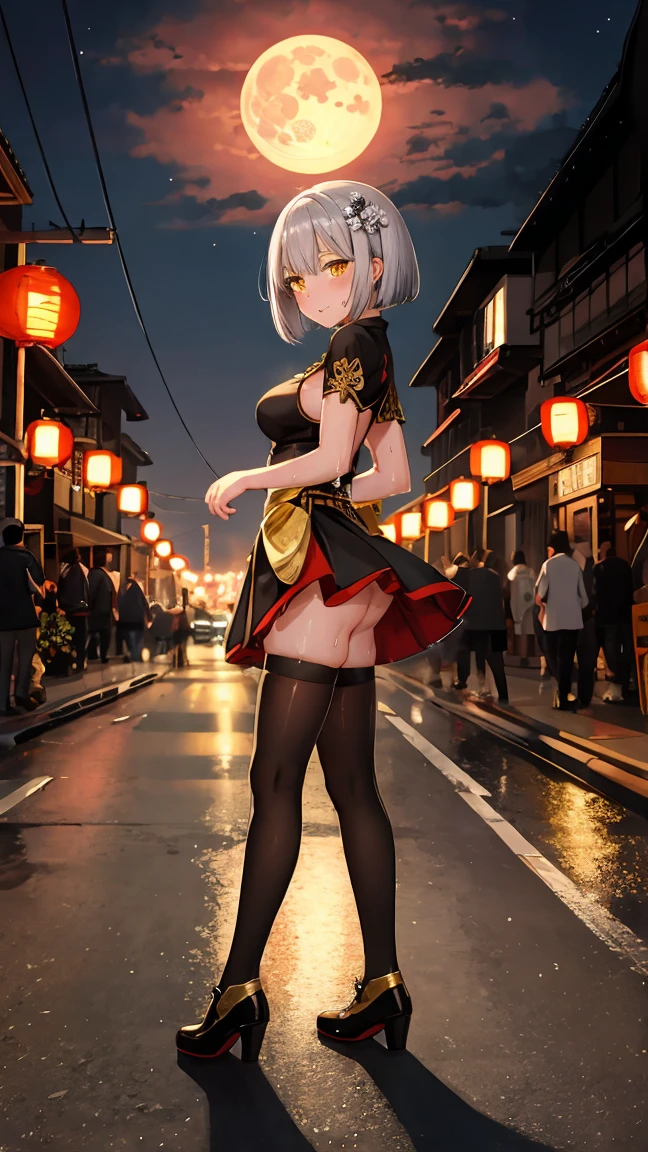 Young girl , short silver bob hair, hair flower, sharp bangs between the eyes, she is heterochromatic, yellow eyes, eyes large, provocative look, obscene expression, traditional chinese imperial clothes black with gold details, red skirt, black thigh high socks. medium breasts. view from side, lumbar angle, full body point of view. japanese city, outdoor city, city at night, with full moon in the background, light reflecting on the sexy and sweaty body. (((sweat))) (work of art:1.2,) (best qualityer.)
