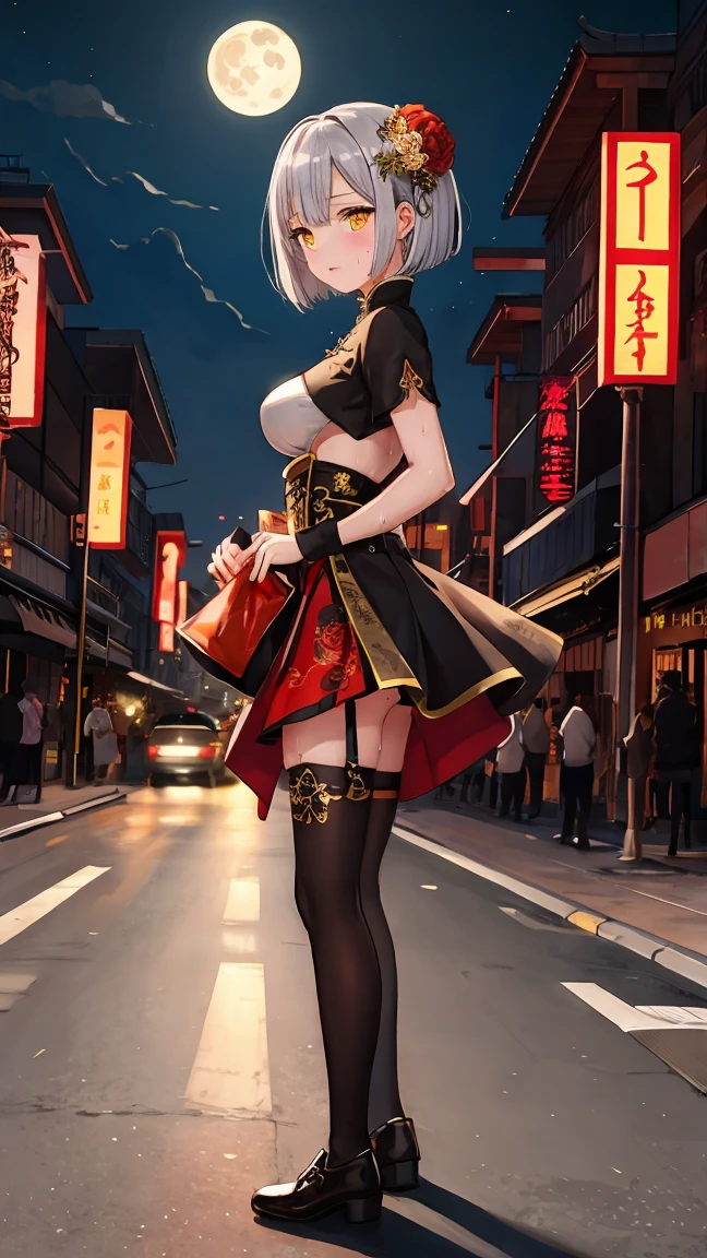 Young girl , short silver bob hair, hair flower, sharp bangs between the eyes, she is heterochromatic, yellow eyes, eyes large, provocative look, obscene expression, traditional chinese imperial clothes black with gold details, red skirt, black thigh high socks. medium breasts. view from side, lumbar angle, full body point of view. japanese city, outdoor city, city at night, with full moon in the background, light reflecting on the sexy and sweaty body. (((sweat))) (work of art:1.2,) (best qualityer.)