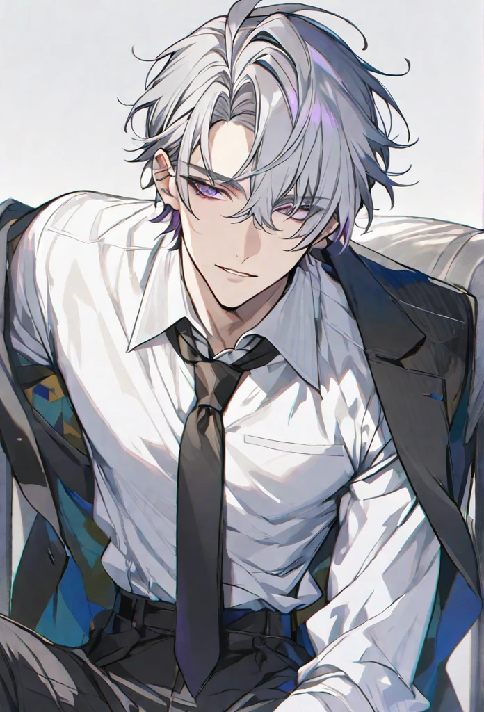 solo, handsome, 1 male, short hair, gray hair, purple eyes, white shirt, black tie,