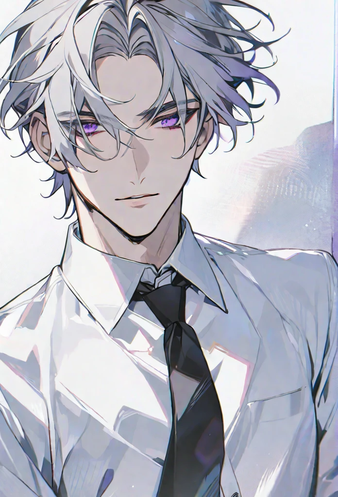 solo, handsome, 1 male, short hair, gray hair, purple eyes, white shirt, black tie, 