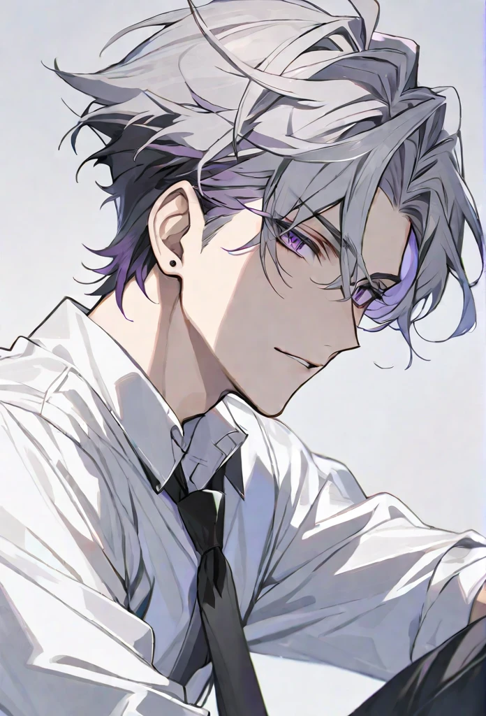 solo, handsome, 1 male, short hair, gray hair, purple eyes, white shirt, black tie, 