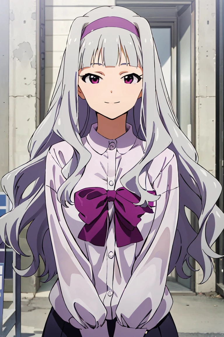 (((pixel-perfect, detail-perfect))), solo, 1girl, takane shijou, purple hairband, big , shirt, bow, looking at viewer, smile