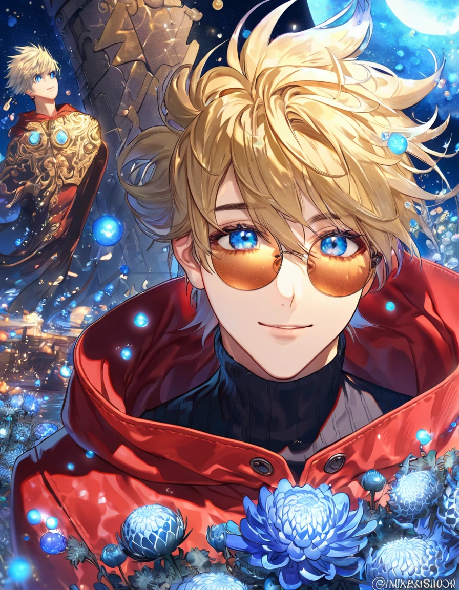 absurdres, highres, ultra detailed, HDR, master piece, best quality, extremely detailed, Vash Stampede, blonde hair, expressive blue eyes, round amber sunglasses, Trigun, solo, sexy man, handsome, smile, hooded red coat, black turtleneck shirt, fantasy, water, sparkling, blue glittering fireflies, blue moon, blue blossoms, blue chrysanthemums, blue sparkling lights, starry sky