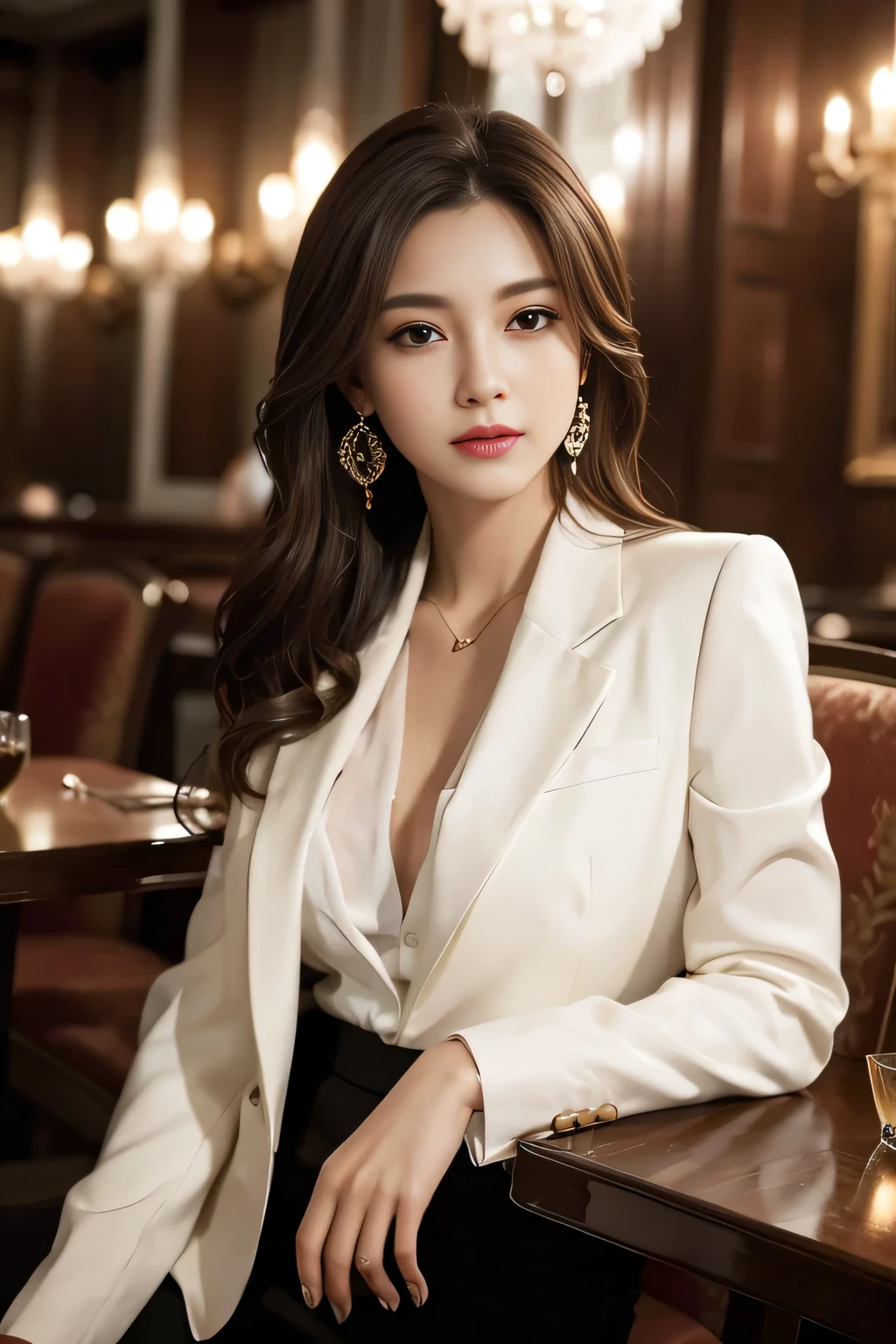 masterpiece, Highest quality, Realistic, Very detailed, Finer details, High resolution, 8k wallpaper, One beautiful woman, Wear a nice suit, In a great restaurant, At night, Light brown messy hair, Perfect dynamic composition, Beautiful and beautiful eyes、Big earrings、Sit on a chair