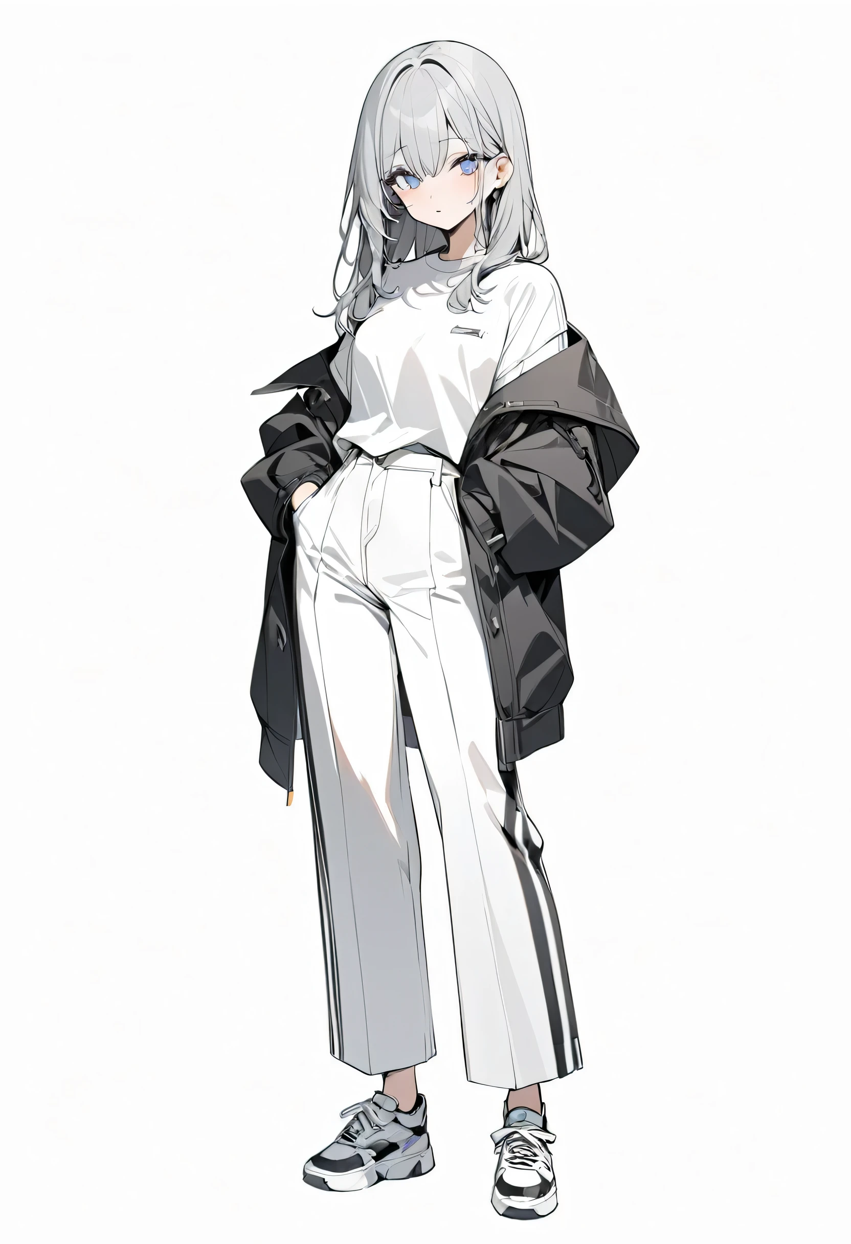 (masterpiece、Highest quality:1.2、8K)、Only one girl in the center、shirt、Wide-leg trousers、Simple single-color sneakers、whole body、Simple Background、White background、Delicate eyes