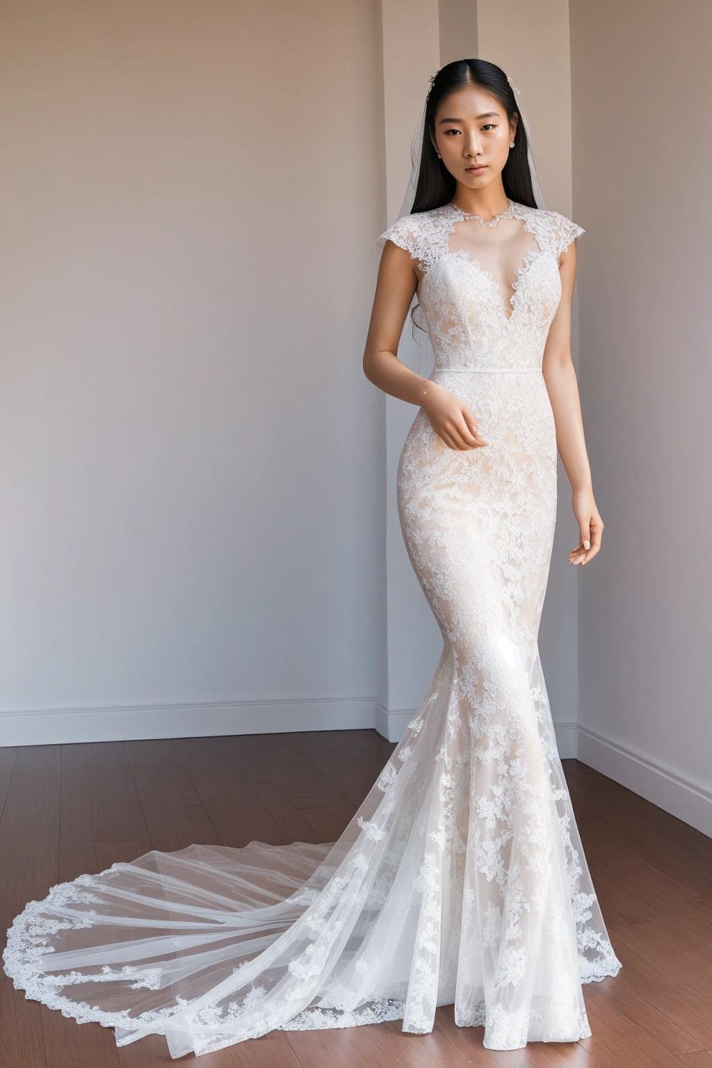 Best quality, 8k, 32k, Masterpiece, Masterpiece, (Photorealistic: 1.4), RAW photo, ultra realistic, 1girl, asian face, Fashion model, Wearing a white mermaid wedding dress, lace fabric, full length view, pose Stand upright in white room