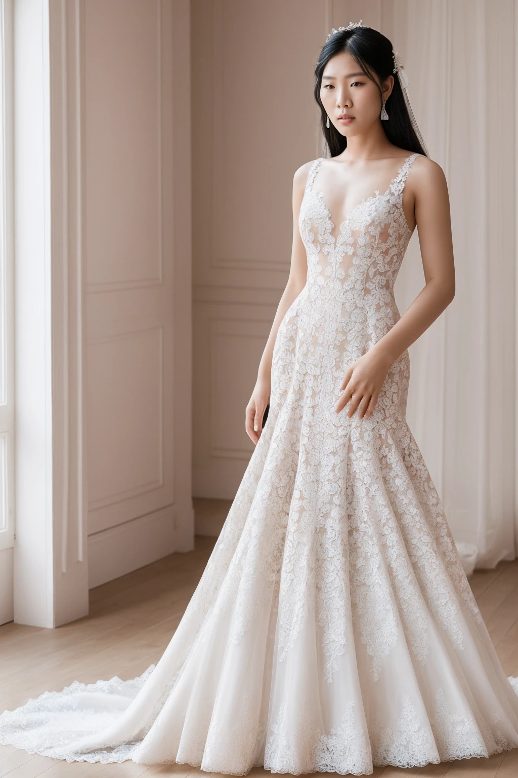Best quality, 8k, 32k, Masterpiece, Masterpiece, (Photorealistic: 1.4), RAW photo, ultra realistic, 1girl, asian face, Fashion model, Wearing a white mermaid wedding dress, lace fabric, full length view, pose Stand upright in white room