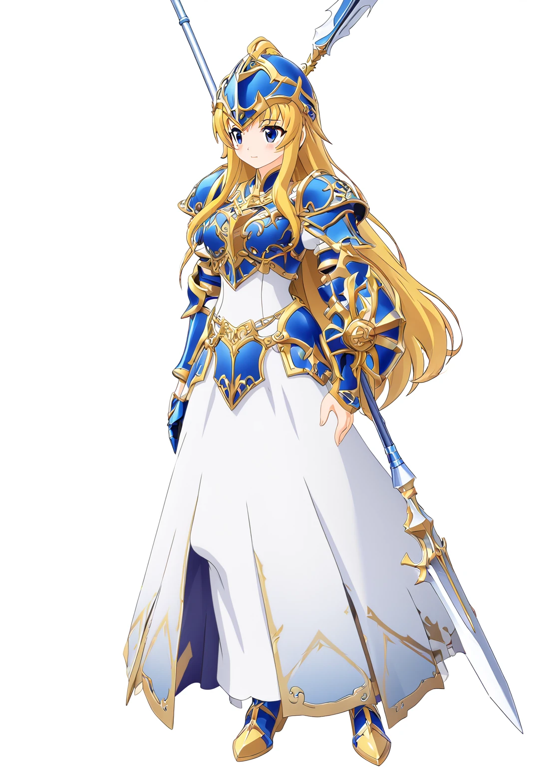 Highest quality, high resolution, High quality game art style, whole body,Valkyrie,Official Art, Smooth game CG art,Cute 3D anime girl render, Visual Novel Sprites, White background,Smooth game CG art, (((Woman with a long spear))),A woman wearing a white dress and blue armor, An intricately designed helmet with white feathers,Small shield, (((In his right hand he holds an elaborate long spear))),Exquisite Blue Armor,Golden Hair, long hair, female knight, Rin々Shii,Large Bust,17 years old,