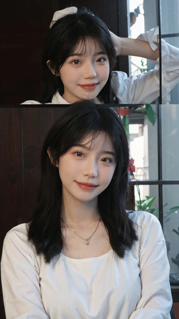 best quality, ultra high resolution, (realistically:1.4),japanese Girl,European style apartment,A pair of clear and charming peach blossom eyes, Royal sister,The sun shines on the face,big breasts,Big long wavy hairstyle, Showing forhead(necklace:1.2),(White skin:1.4),a sense of atmosphere,a beautiful girl, Smile,looking directly at the viewer, (lifelike:1.4),1 girl,Sexy,(Upper body:1.4),(wet),(:1.2)