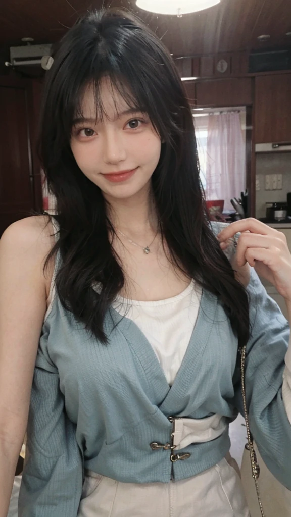 best quality, ultra high resolution, (realistically:1.4),japanese Girl,European style apartment,A pair of clear and charming peach blossom eyes, Royal sister,The sun shines on the face,big breasts,Big long wavy hairstyle, Showing forhead(necklace:1.2),(White skin:1.4),a sense of atmosphere,a beautiful girl, Smile,looking directly at the viewer, (lifelike:1.4),1 girl,Sexy,(Upper body:1.4),(wet),(:1.2)