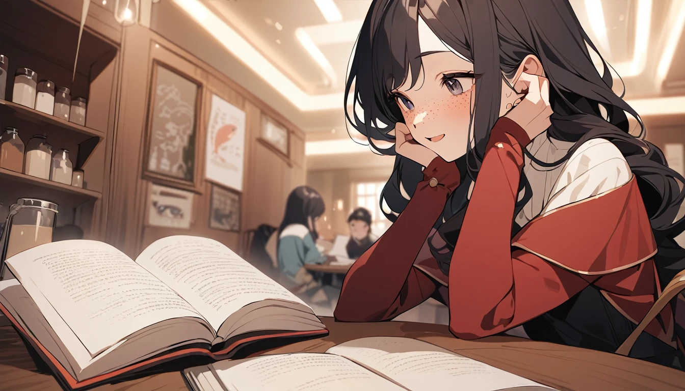 masterpiece, best quality, {best quality}, {{masterpiece}}, {mackerel}, Concentrate upon, ghibli style, girl design,  Gisha, animated images, long hair, black hair, Straight eyes, hair covering the ears, happy, Stylish and powerful look, exotic, tall, freckles, elegant, fancy, Sitting at a paint cafe with an open book and looking at it while studying