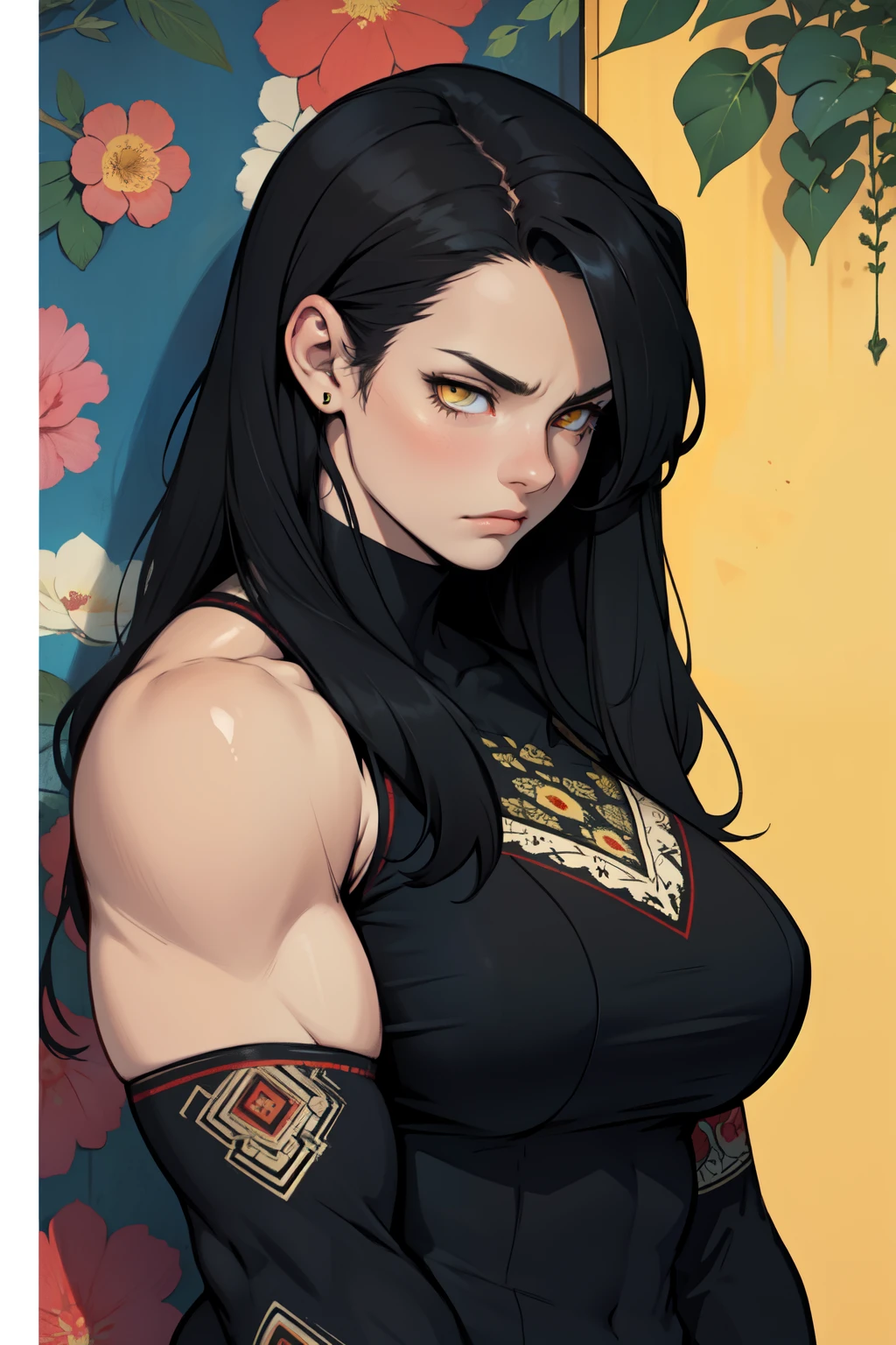 giant muscles huge breasts massive hair pale skin black hair yellow eyes long straight hair sad sad girl sad patterned patterned patterned patterned