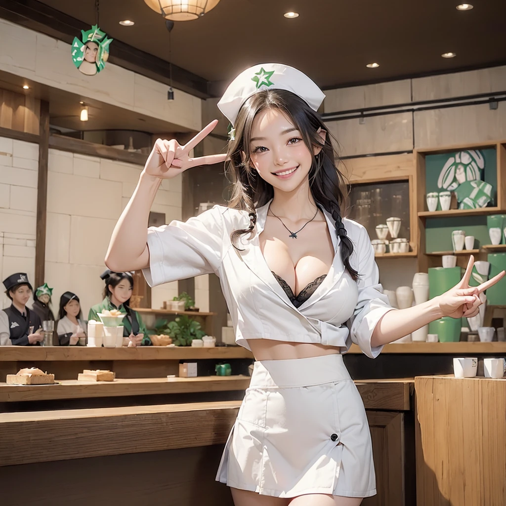 (((((((((Emphasize cleavage))))))))) 
((((((((((White nurse uniform mini skirt, smile))))))))))
(((((Large Breasts)))))
(((((((((No nurse hat)))))))))
(((((((((peace sign)))))))))
 (((((((お洒落でcuteInside the Starbucks store))))))) 
8K、RAW Photos、Highest quality、Super detailed、Super Resolution、Ultra HD、8K壁紙、Amazing details 

(((((((((((Inside the Starbucks store)))))))))))、
 ((((((Sit down and eat cake、Drink Starbucks coffee、smile))))))、((Heart Necklace)) Modern and sleek design：Interior design using natural materials、Many of the designs are warm and made using wood and metal.。 Large windows：自然光をたっぷり取り入れるためのLarge windowsがあり、Providing a bright and open space。 Green Interior：Potted plants are effectively placed、It creates a relaxing atmosphere。 artwork：Works by local artists、Starbucks-related art on display。 Cozy seating：Cushioned chairs and sofas、Bar sheet etc.、A variety of seating options available。 Open kitchen area：Being able to see how drinks and food are made、We provide peace of mind and transparency。 Unique lighting：Antique lamps and chandeliers、Modern lighting fixtures are used。 Comfortable background music：Relaxing music is playing、A comfortable space is provided。 Wide々Table space：一人でもグループでも使いやすいWide々There is a table with。 Community Table：There is a large table where you can socialize with other customers.。 Seasonal decorations：The decorations are themed according to the season.。 Design with a local feel：The design incorporates the local culture and characteristics.。 Fragrance production：コーヒーの香りが店内にWideがり、A space that satisfies the five senses has been created.。 Conversation with a barista：フレンドリーなConversation with a baristaが楽しめるカウンターエリアがあります。 8K、RAW Photos、Highest quality、masterpiece:1.2、Super detailed、Super Resolution、Ultra HD、8K壁紙、Amazing details、Photorealistic:1.4、Having fun by the water、Full Body Shot、Full body photo、High-resolution RAW color photos、Professional photos、A scene full of emotion、Very detailed and beautiful、Ultra HD、8K壁紙、Amazing details、Huge file sizes、Highly detailed beautiful girls、Highly detailed face Highly detailed eyes、Extremely realistic skin、 Highly detailed fingers, Highly detailed nose, Highly detailed mouth, Perfect Anatomy, Highly detailed background, Highly detailed clothing, Teen, cute女の子, Famous Japanese Idols, cute, Realistic body, Slender, White skin, Glowing Skin, Slim body, Realistic Face, Delicate eyes, double eyelid,

