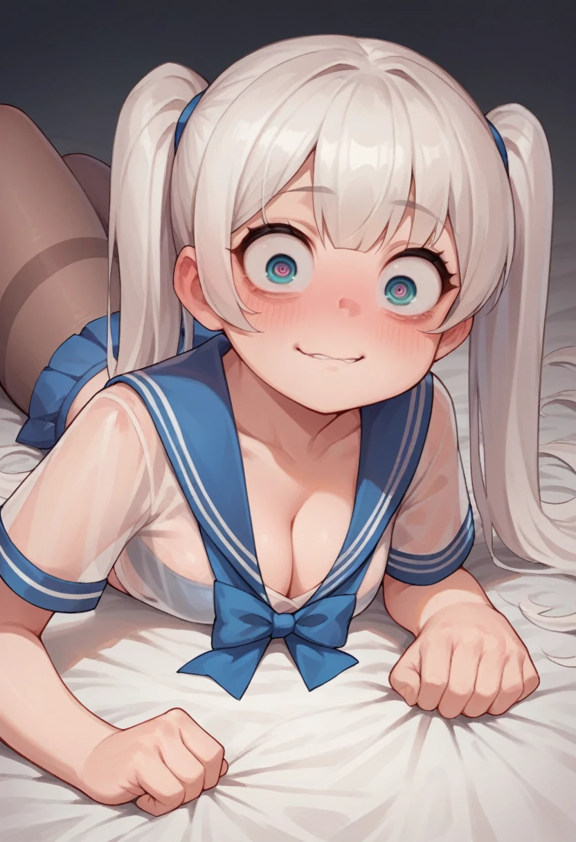 pantyhose,loli,sailor,microskirt,cute,lying,lying,white hair,blush,crop top,see through,twintails,cleavage,crazy eyes,on stomach