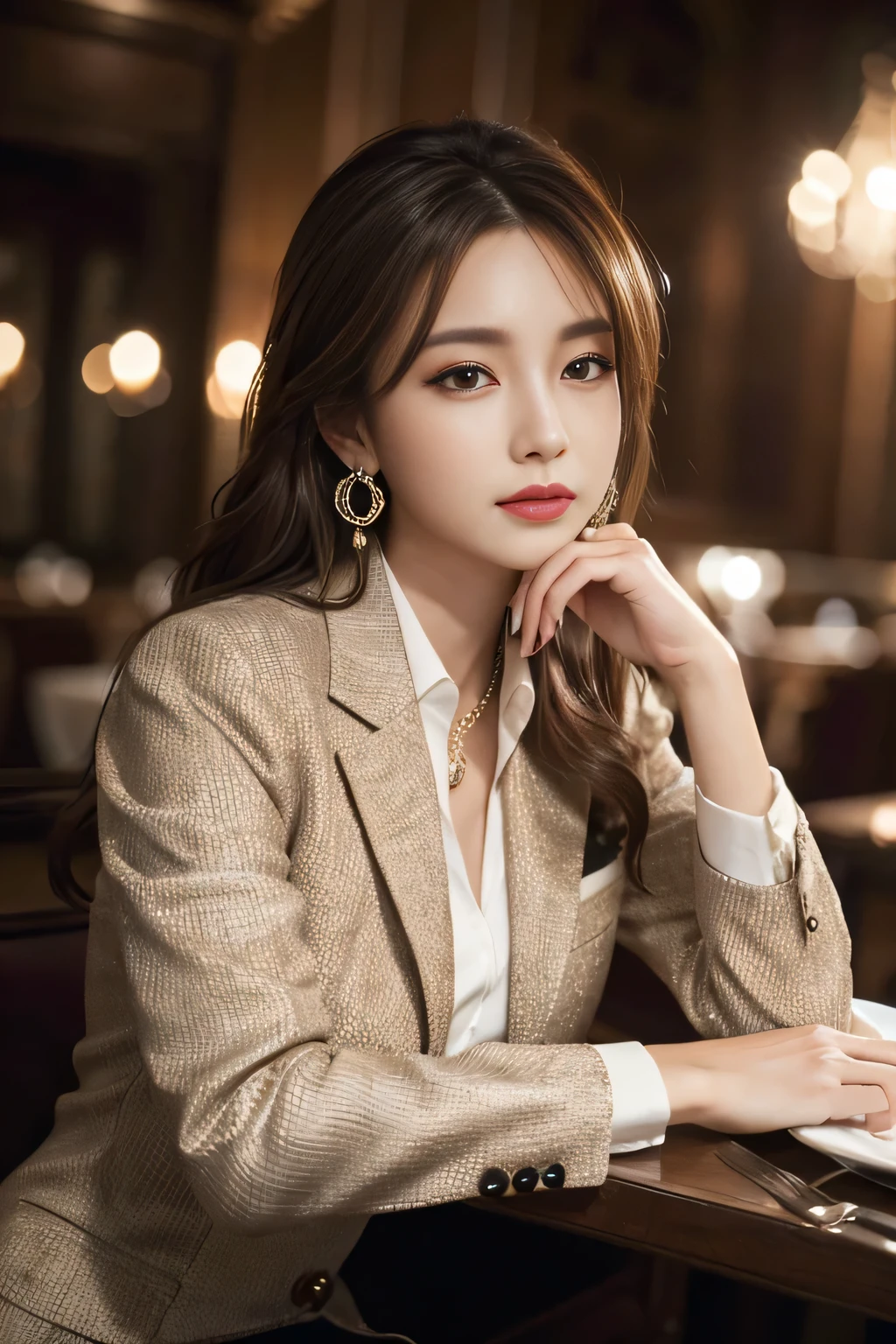 masterpiece, Highest quality, Realistic, Very detailed, Finer details, High resolution, 8k wallpaper, One beautiful woman, Wear a nice suit, In a great restaurant, At night, Light brown messy hair, Perfect dynamic composition, Beautiful and beautiful eyes、Big earrings、Sit on a chair