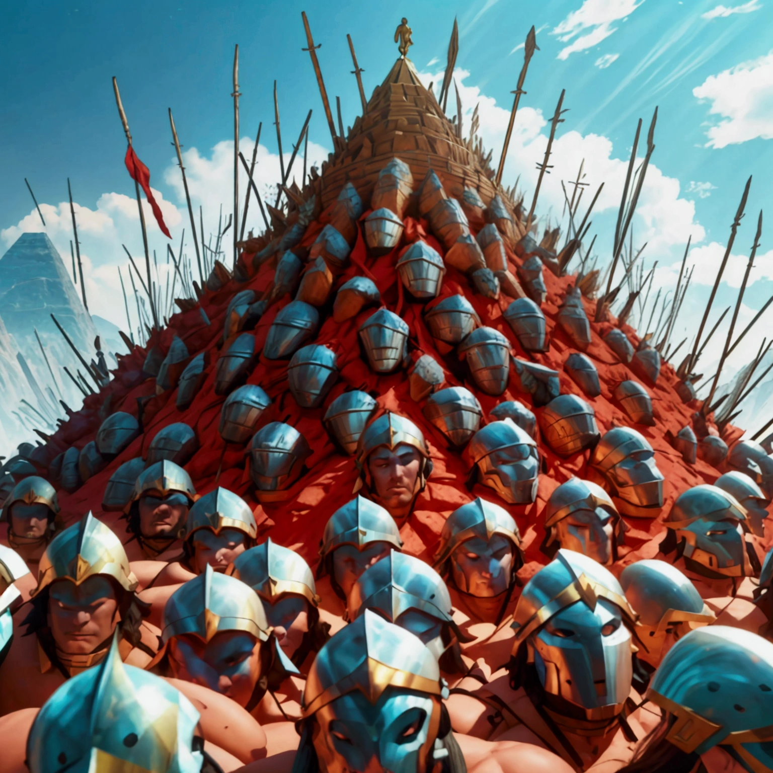 Master Piece, best quality, (extremely detailed CG unity 8k wallpaper), (best quality) 8k detail. A pyramid pile of unconscious male barbarian soldiers. The 300 unconscious barbarian soldiers are piled up on top of each other, one by one. They are clad in armor and helmets. spikes stick out of the pile of bodies. spears with small pennant flags stick out of the pile of bodies. arms, legs and heads stick out of the pile randomly. The pile is 30 feet high. 
