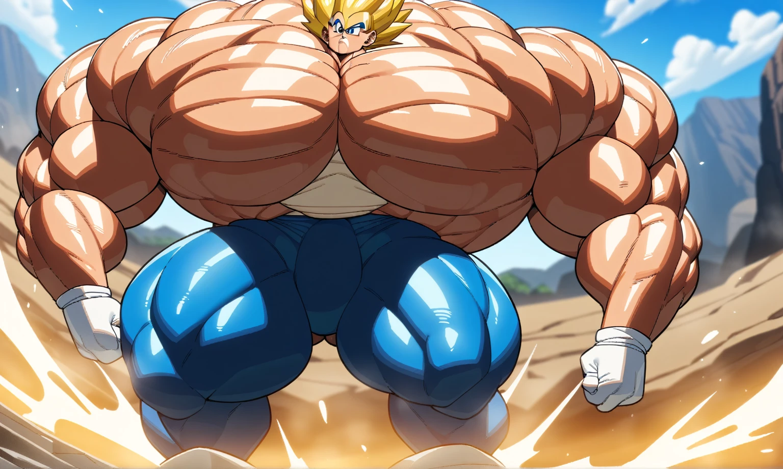 1boy, Vegeta, from Dragon Ball Z, masterpiece, best quality, very aesthetic, absurdres, saiyan, blue eyes, spiked hair, (yellow hair:1.5), standing up, good posture, shirtless, blue skintight pants, white gloves, (huge muscles:3.4), Dragon Ball Z artstyle, in the style of Akira Toriyama, white tiled floor, outdoor, flat-top mountains, Extreme Wide Shot, full pose, full body shot, (full body in frame:1), white boots with brown tips